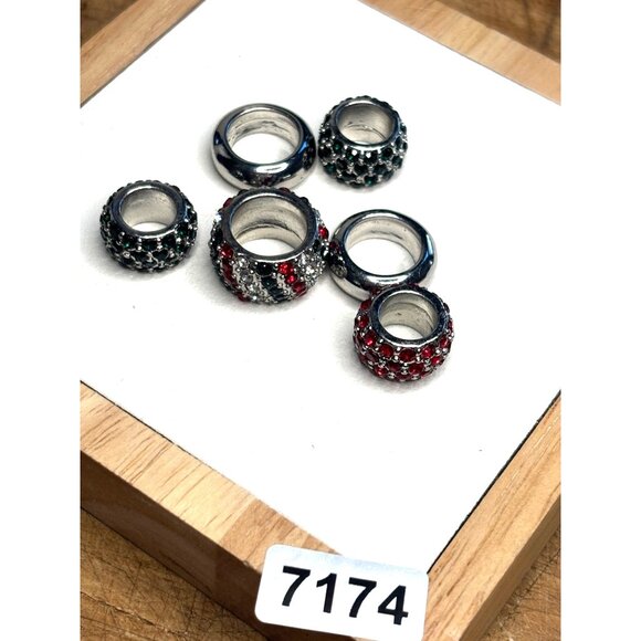 Czech Crystal Large Hole Beads Set Of 6 Red Green Silver Fits European Bracelets - Picture 6 of 6